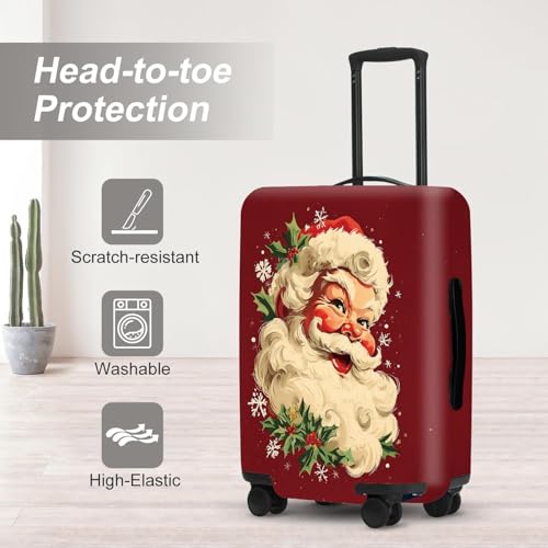 Image of Retro Santa Luggage Cover - Vintage Saint Nicholas with Holly and Snowflakes, Suitcase Protector 24 26 Inch