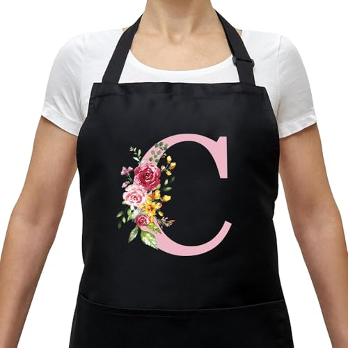 Tabliers de Cuisine Femme avec Initiale Fleur, Noir Tablier Réglable avec 2 Poches, Cadeaux pour Maman, Femme, Petite Amie, Anniversaire, Noël pour Cuisine,...