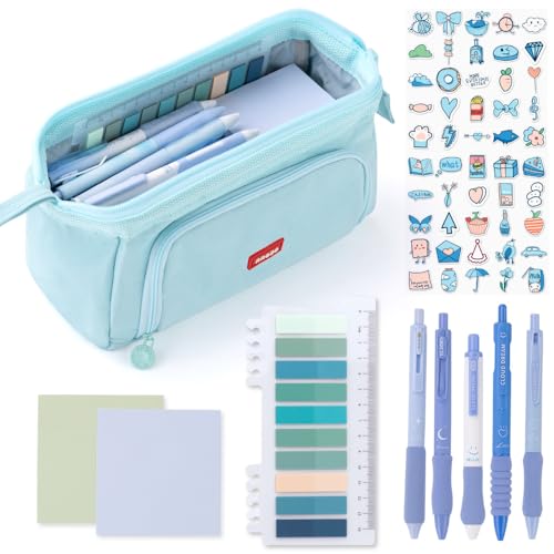 Image of HVOMO Stationery Set,1 large-capacity pencil case,5 quick-drying pens,50 waterproof stickers,2 sticky note pads(200 sheets),1 set of 10-color index labels (200 sheets),Student stationery gift (Blue)