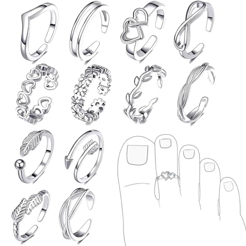 VURYAPI 12 Stück Zehenringe aus 925er Sterlingsilber für Damen offene verstellbare Bandringe Schmuckset