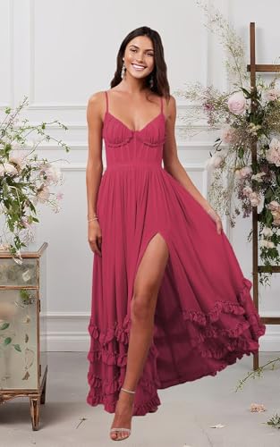 Spaghetti Straps V Neck Bridesmaid Dresses for Wedding Ruffle Long Chiffon Formal Evening Maxi Dress3