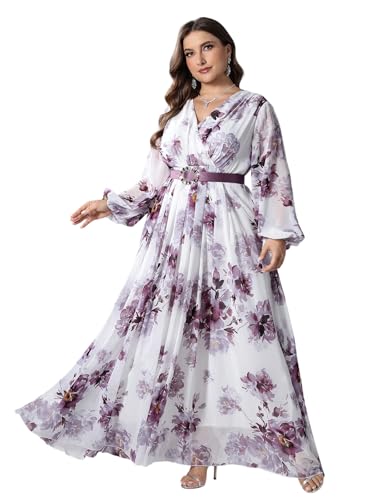 Image of Spring Summer 2024 Plus Size Womens Dresses V Neck Casual Elegant Long Sleeve Floral Print Maxi Dress