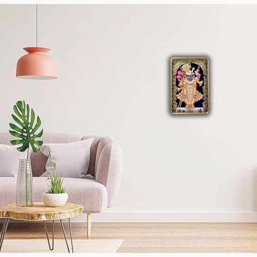 Image of Dharvika Innovations Shrinathji photo frame for wall decoration, paintings for living room, golden slim frame with sparkle coated lamination, painting wall decoration 2415 (12x18 Inch) (Without Glass)