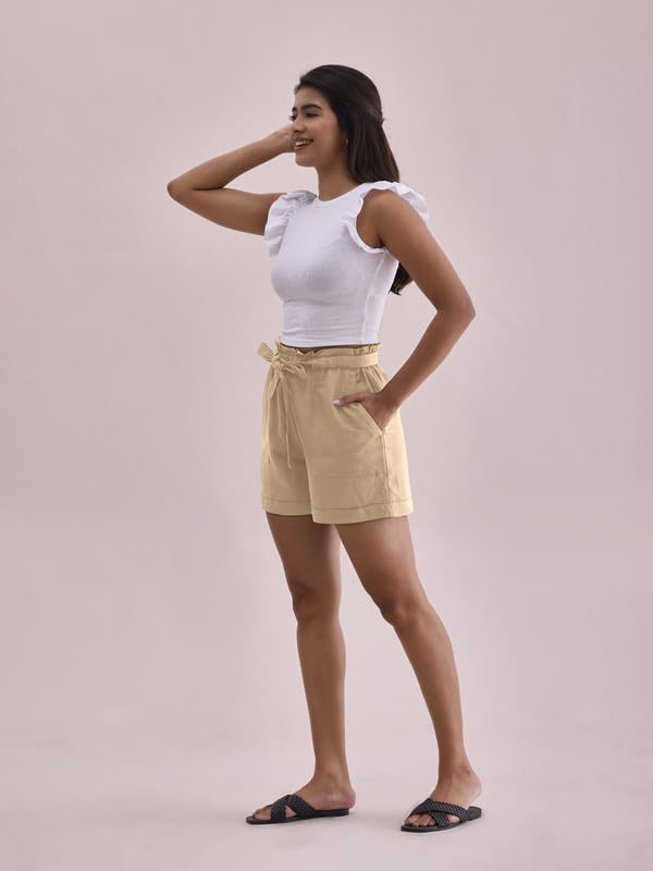 Image of GO COLORS Women Solid High Rise Relaxed Fit Linen Shorts