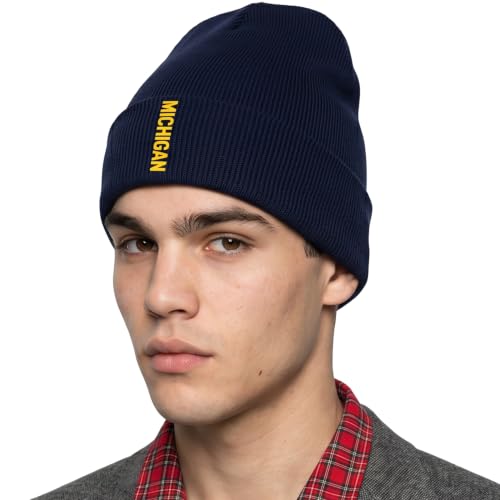 Daxton Vertical USA Cities Cuffed Beanie Winter Knit Hat Skully Cap for Men Women Michigan Navy Gold