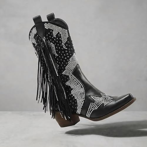 Image of Tsrenlmln Sparkly Rhinestone Cowboy Boots for Women - Pointed Toe Western Ankle Boots with Tassel, 3.74 inch Chunky Heel, Rivet Decorated Slip-On Booties, Party & Casual Wear