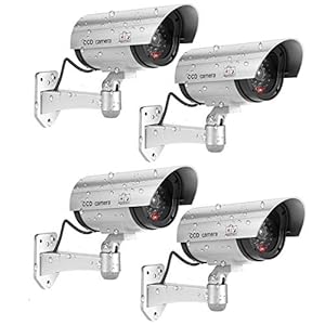 FITNATE 4 Stück Kamera attrappe, Fake Kamera Outdoor, Batteriebetrieben, regenbeständig, CCTV-Überwachungssystem mit rotem LED Blinklicht, 4 Sicherheitswarnaufklebern und 12 Schrauben – Silber
