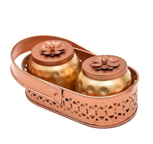 Image of Sanvatsar Square Shape Metal Basket with Jar Tray 2 Copper Flower Container Dry Fruits Chocolate Sweets Candys Gifts Set for Office, Home Decor Table Decoration Item