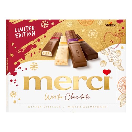 merci Winter Chocolate Limited Edition – 250 g – Caja de Bombones para Regalar, Disfrutar y Compartir – Surtido de 4 Especialidades de Chocolate de Invierno – Sin Gluten y Aptos para Vegetarianos