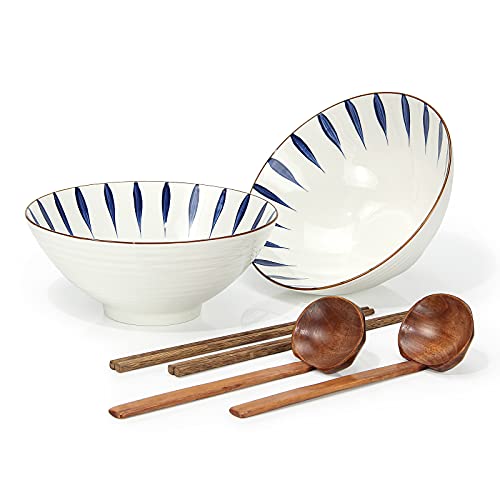 Cuencos De Ramen Cerámica Japonés, Tazones Sopa 1000ml Con Cuchara Palillos Madera 2 Juegos, for Ensalada Cereales Postre Arroz Pasta Gachas Udon Avena Merienda Soba (a)