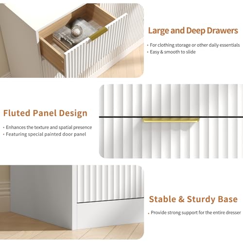 Image of White 7 Drawer Dresser for Bedroom, 55 inch Wide Fluted Dresser with Gold Handles, Modern Chest of Drawer for Bedroom, Closet, Living Room, Entryway, Hallway, White