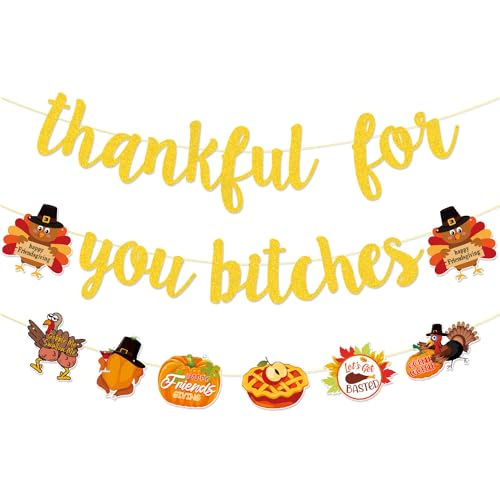 TF Thankful for You Gold Glitter Banner for Mantel Fire Place, Friendsgiving Decorations, Indoor Home Fall Thanksgiving Party Decor (Pre-Assembled)