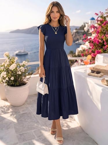 Image of ZESICA Women's 2026 Summer Casual Flutter Short Sleeve Smocked Midi Dress