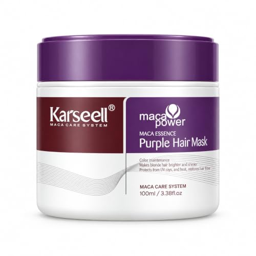 Karseell MACA CARE SYSTEM Mascarilla Capilar Violeta Profesional Matizadora Antiamarillo Cabello Rubio Canas Platino Decolorado Encrespado Hidratante Reparadora Antifrizz Colágeno Sin Sulfatos 100ml