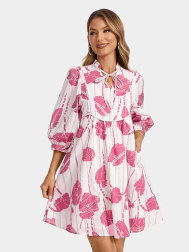Image of EZAPINE Women Floral Babydoll Mini Dress V Neck 3 /4 Puff Sleeves A Line Flowy Swing Summer Sun Dresses