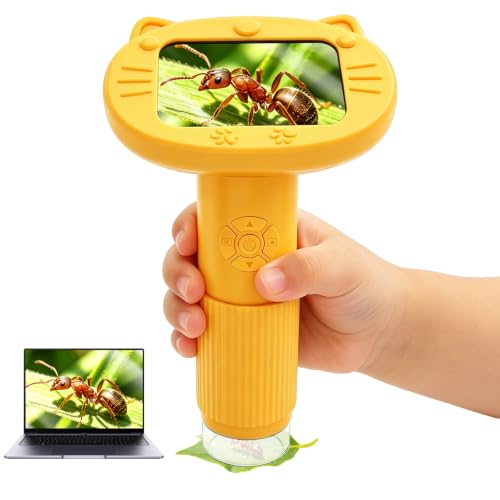 Surborder 100x-1200x Digital Microscope for Kids Age 4-12, Handheld Microscope with 2.4” IPS Screen, STEM Educational Toy, Ideal Gift for Boys Girls for Birthday, Christmas, Yellow