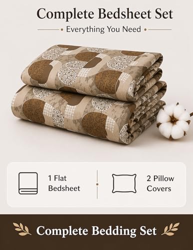 Image of Bedsheet for King Bed Include Pillow Covers | Cocoa Geometry Premium Bedding | Pure Cotton 144 Thread Count|108x108 inch - Cocoa Geometry