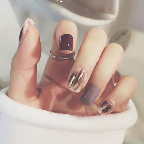 Poliphili 24Pcs Colorful Gold Foil False Nail Tips Short Square Full Coverage Acrylic False Nail Glitter Design Different Decoration (Grey-Maroon Foil)