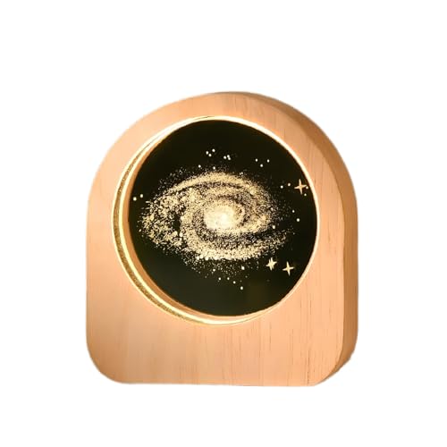 Generico Lampada Cristallo 3D – Luce Notturna LED USB con disegno inciso al laser – Base in legno decorativa – Idea Regalo originale per casa e camera da letto (Galassia)