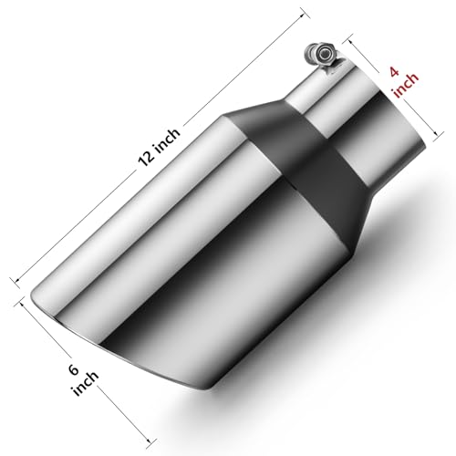 Image of Exhaust Tip 4 inch Inlet 6 inch Outlet 12 inch Long, High Performance Stainless Steel, Rustproof Polished Finish, Rolled Angle Cut, Bolt-On Diesel Tail Pipe, Universal for Car Truck