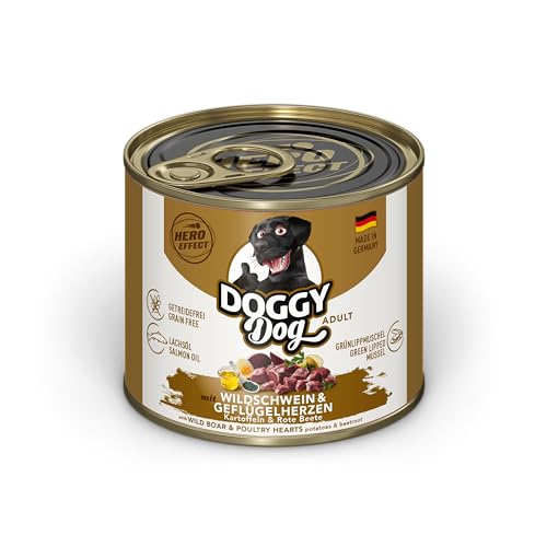 DOGGY Dog Paté Wildschwein & Geflügelherzen, 6 x 200 g, Nassfutter für Hunde, getreidefreies Hundefutter mit Lachsöl, Alleinfuttermittel mit Kartoffeln und rote Beete, Made in Germany