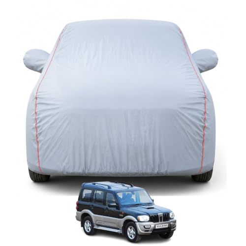 Image of Premium Car Cover for Scorpio (2006-2013) Models | Waterproof, UV & Dust Protection | Mirror & Antenna Pocket | Triple Stitched, Soft Inner Lining, Belt & Buckle (Dark Grey)
