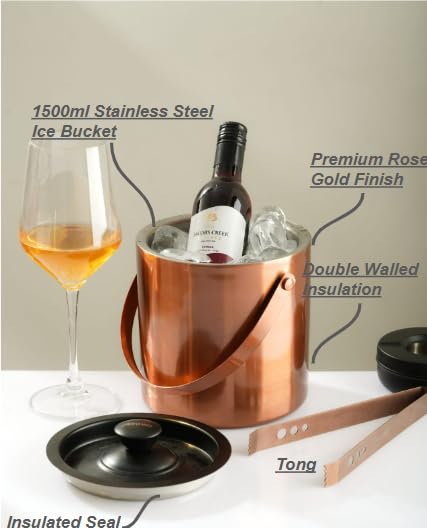 Car-O-Bar Premium Rose Gold | Stainless Steel IceBucket with Tong - 1500 ml | Ice Bucket for Bar & Home | Premium Ice Bucket | Bar Accessories for Home
