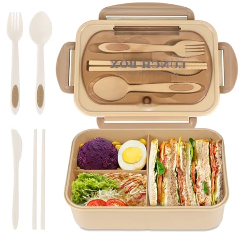 Primepixell Juego de cajas Bento de 3 compartimentos a prueba de fugas, contenedor de almuerzo para adultos con tapa segura y kit de cubiertos