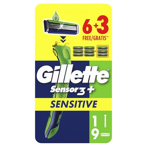 Gillette Sensor 3+ Sensitive Rasoio da Uomo con Testina Oscillante a 40°, 3 Lame Delicate, Manico Ergonomico + 9 Lamette di Ricambio