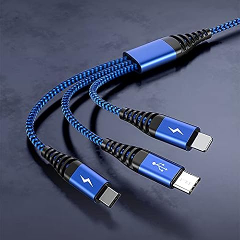 Multi Charging Cable, 1.2M Nylon Braided 3 IN 1 Multiple Charger USB Charging Cord Adapter Type C Micro USB Port Connectors Compatible Cell Phones, Tablets & Gadgets, Multi Charger Cable (BLUE) Cover