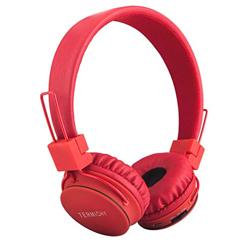 Kids Bluetooth Headphones Foldable Volume Limiting Wireless/Wired Stereo On Ear HD Headset with SD Card FM Radio in-line Volume Control Microphone for Children Adults (Red)