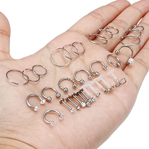 Ocptiy 16G Cartilage Tragus Helix Rook Daith Conch Earrings Studs Hoop Piercing Jewelry 16 Gauge Stainless Surgical Steel Silver Labret Monroe Medusa Lip Rings Stud Piercing Jewelry Diamond Women Men #TOP6