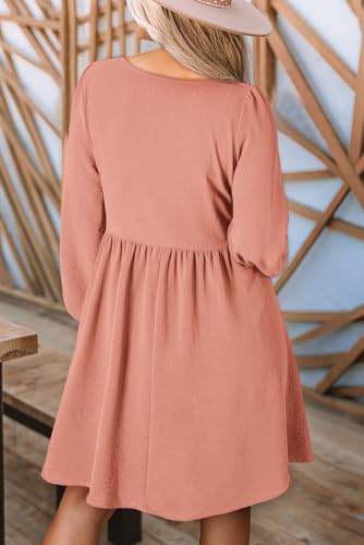 Image of Dokotoo Fall Dresses for Women 2026 Casual Long Sleeve Mini Dress | Smocked Crewneck, Button Up, Empire Waist, A-Line Hem, Solid Color, Floral Pattern