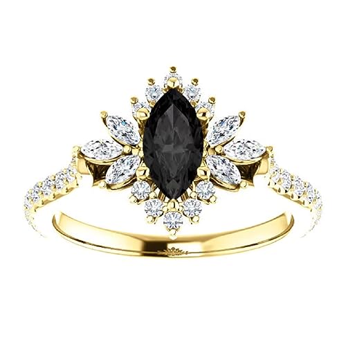 1 CT Dahlia Marquise Black Engagement Ring 14k Yellow Gold, Flower Black Onyx Ring, Floral Black Diamond Marquise Ring, Halo Black Marquise Ring, Awesome Ring For Her2