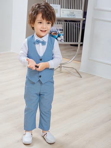 Image of Baby Boys Gentleman Formal Suit Set with Vest, Pant, Shirt, and Bow Tie, Weding 4Pcs Outfit