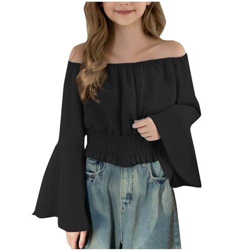 Girls Vintage Court Shirts Off The Shoulder Flare Sleeve Crop Tops Tween Renaissance Costume Elegant Tunic Blouse Blusas para adolescentes niñas Black