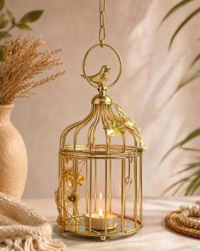 Image of Homesake Golden Small Metal Hanging Cage Lantern with Floral Vine & Chain, Decorative Tealight Candle Holder for Balcony, Home Decor, Diwali Decoration, Wedding & Festival Decoration