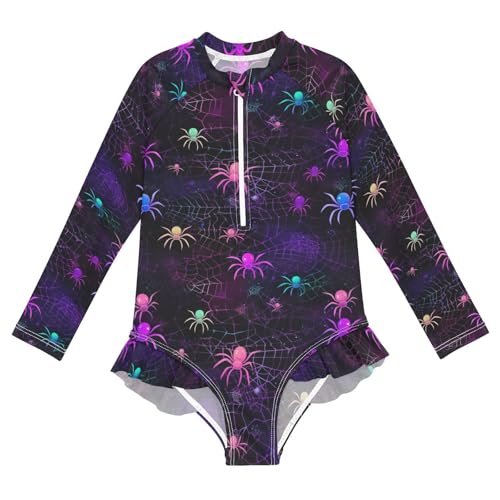 Rainbow Gothic Spiders Girls Long Sleeve Swimsuit UPF 50+ Rashguard Swimwear One Piece Bathing Suit 21216633