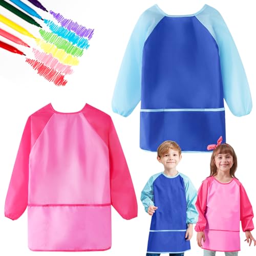 2 Stück Malschürze Kinder Wasserdicht Malkittel Schürze Kinder Malen Tuschkittel mit Ärmeln Einstellbar Bastelschürze für Schule Kunst Malerei Kochen für Junge und Mädchen 1×Blau + 1×Rosa