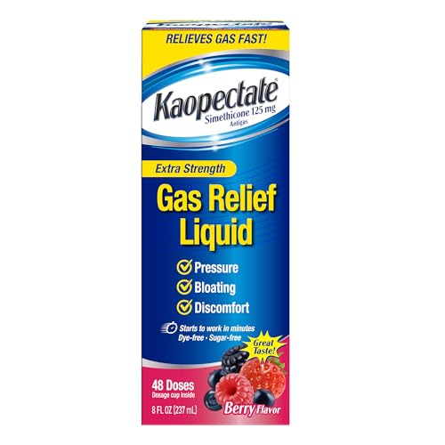 Kaopectate Extra Strength Gas Relief Liquid 8 Oz Mixed Berry Flavor Relieves Gas Bloating and Pressure Simethicone 125 mg Vacation Essentials