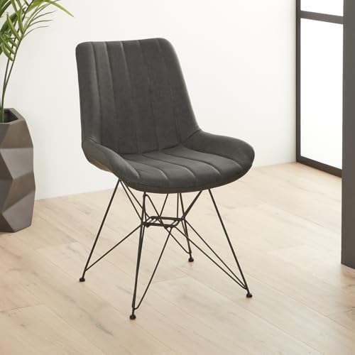The Furniture Market Brogan Charcoal Faux Suede Leather Dining Chair - Charcoal Faux Suede Leather, Curved Seat Pad, Ribbed Design, Black Metal Legs - H 850 x W 550 x D 620mm - Seat H 480mm