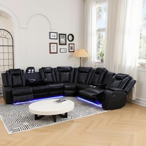 Power Reclining Sectional Sofa LED, Leather Recliner Couch