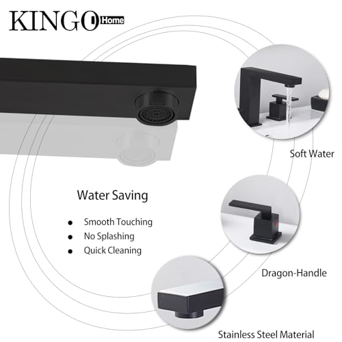 KINGO HOME 3 Hole Matte Black Bathroom Faucet, 8 Inch 2 Handle Modern Widespread Bathroom Sink Faucet, Vanity Basin Sink Faucet with Supply Hoses and Pop-Up Drain Stopper by KINGO HOME - Used condition - Image 6