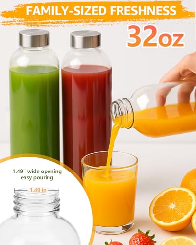 Image of Zukro Glass Juice Bottles with Lids 32 oz, 3 Pack Reusable Clear Large Glass Containers for Juicing, Smoothies, Cold Brew Coffee & Water, Leakproof Stainless Steel Caps, Funnel & Cleaning Brush Set
