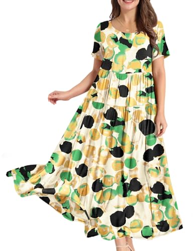 Image of YESNO Women Casual Loose Bohemian Floral Dress with Pockets Short Sleeve Long Maxi Summer Beach Swing Dress EJF