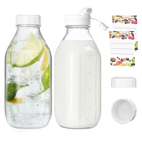 MEIMUCUL Garrafa para batidos, 2 garrafas de leite com tampa, garrafas de vidro de 1 litro para enchimento, copos reutilizáveis para batidos com tampa, ideal para sumo, leite, batidos de leite