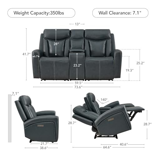 Image of CHITA Zero Gravity Power Reclining Sofa, Loveseat with Console, Navy