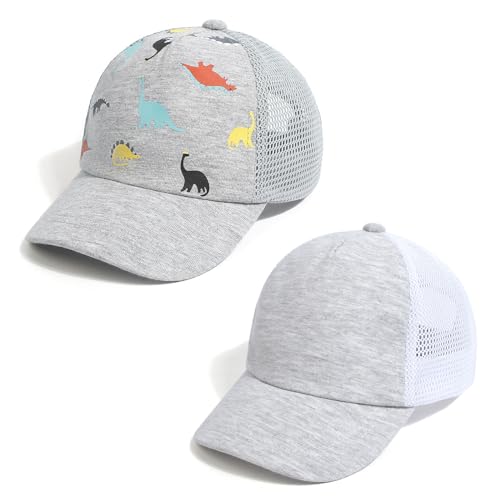 Image of Toddler Baseball Hat, Dinosaur Mesh Adjustable for 0-8T Kids | 60% cotton blend, full mesh back ventilation; curved UV brim, velcro strap, sizes 0-8T for beach outdoor summer