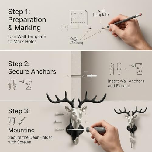 Image of Deer Head Wall Key Holder, Zinc Alloy Hanging Hooks for Keys & Accessories, Multipurpose Key Hanger Stand for Home Decor, Entryway Organizer, Satin Black Finish - Pack of 1