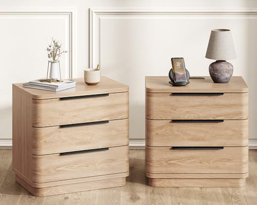 Image of Nightstands Set of 2, Bedside Table with 3 Storage Drawers, 24 inch Tall Wood Night Stand with Charging Station, Modern Wide End Table Side Table W /Metal Handle Curved Profile for Bedroom